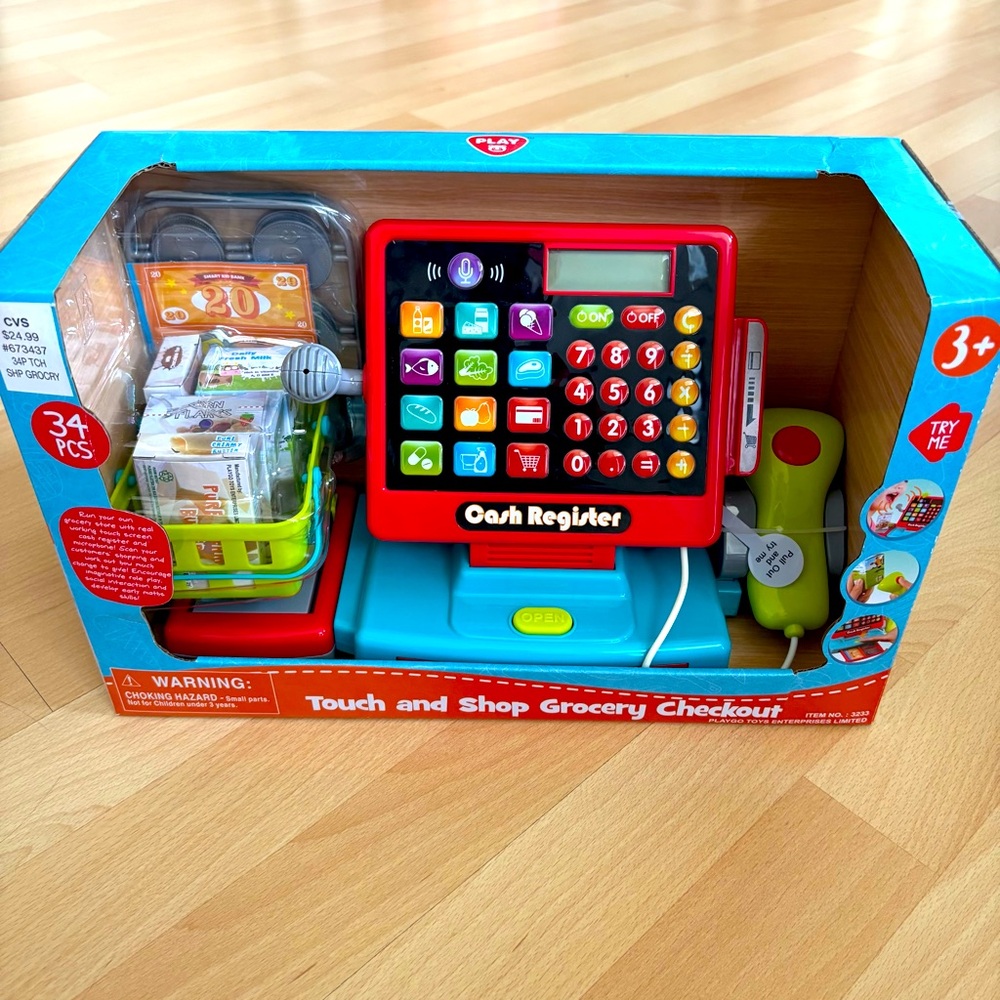 Touch & Shop Cash Register Play Set Includes Toy Food & Play Money *NEW*